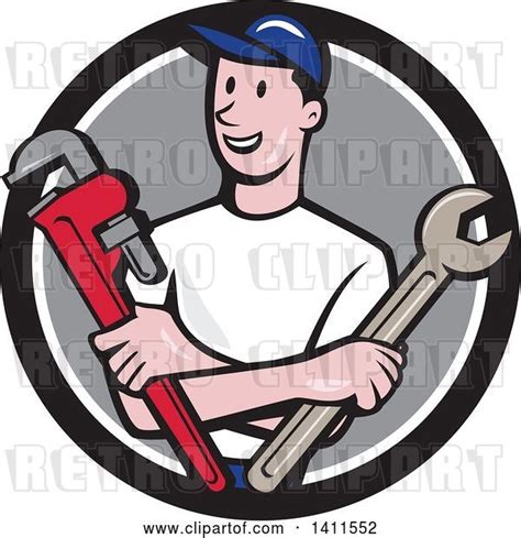 Vector Clip Art Of Retro Cartoon White Male Plumber Mechanic Or