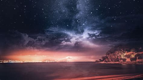 Download Wallpaper 3840x2160 Sea Sunset Starry Sky