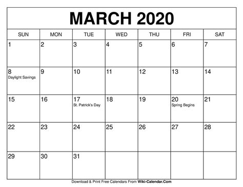 Free Printable March 2020 Calendars Wiki Calendar