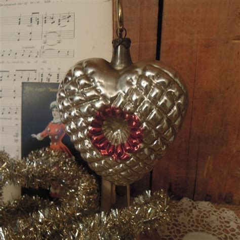 Vintage Silver Heart Christmas Ornament Large Indented Antique