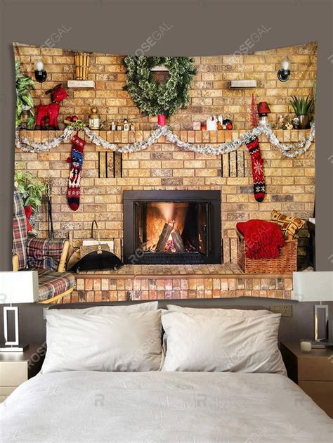 Christmas Fireplace Brick Wall Print Tapestry Wall Hanging Art