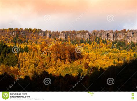 Sandstone Rock Formation In The Middle Of Autumn Forest Stock Image