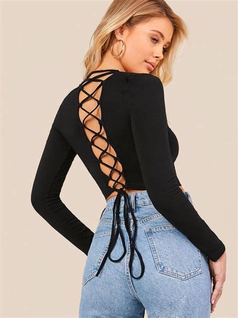 Shein Lace Up Back Crop Top Trendy Outfits Modest Fashion Outfits Fashion Top Outfits