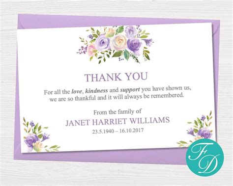 Lilac Floral Funeral Thank You Card Printable Sympathy Card Etsy