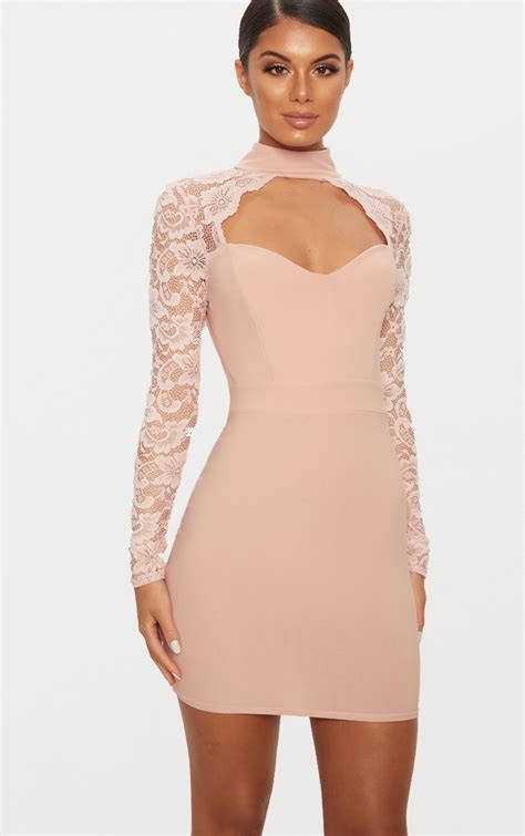 dusty pink lace insert long sleeve bodycon dress prettylittlething ca