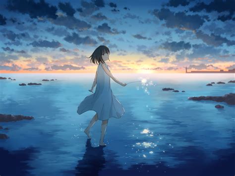 1600x1200 Cute Anime Girl Sunset Draw 1600x1200 Resolution Wallpaper