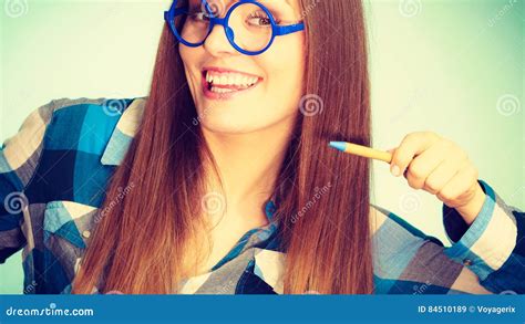 Happy Nerdy Woman In Glasses Holding Pen Stock Image Image Of Laughing Smiling 84510189