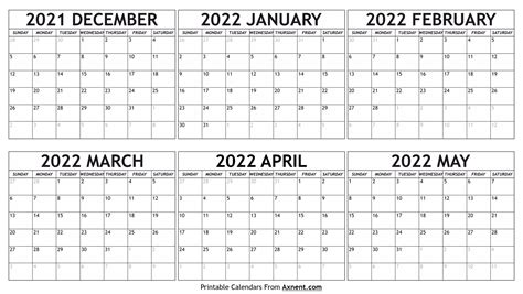 December 2021 To May 2022 Calendar Template Six Months