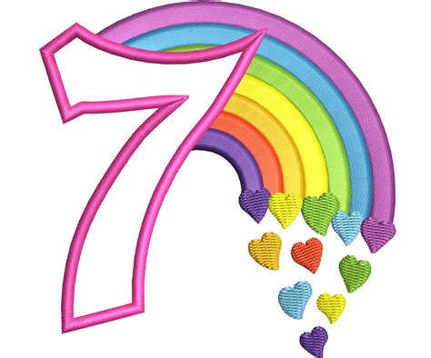 Cute Rainbow Birthday Number 7 Seven Machine Embroidery Applique