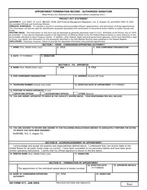 Dd Form 577 Appointmenttermination Record Authorized