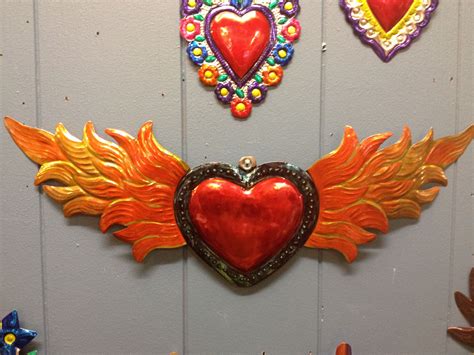 Mexican Tin Heart With Flaming Wings Artesanias