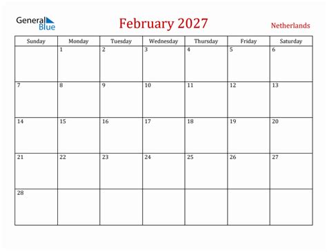 February 2027 Netherlands Monthly Calendar With Holidays