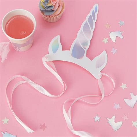 8 Iridescent Foil Unicorn Horns With Pink Ribbon Unicorn Etsy