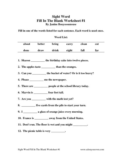 20 Kindergarten Sentence Worksheets Fill In The Blank