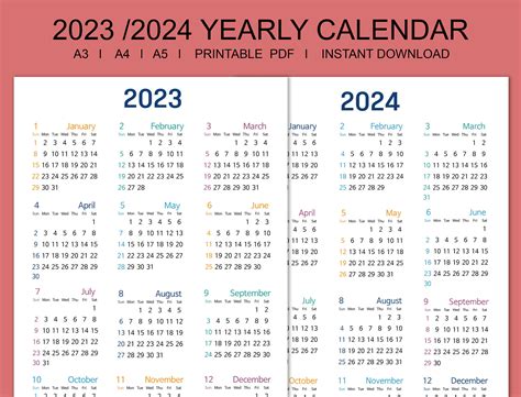 2023 Calendar Printable 2023 Yearly Calendar 2023 Calendar Etsy