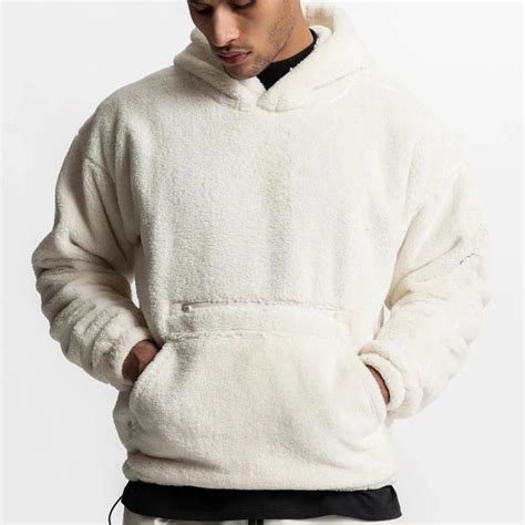Custom Mens Warm Sherpa Fleece Pullover Kangaroo Pocket Fluffy Fuzzy