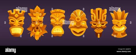 Gold Tiki Masks Hawaiian Tribal Totem With God Faces Vector Cartoon Set Of Ancient Polynesian