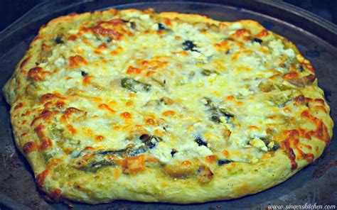 salsa verde pizza with roasted poblanos peppers and garlic opera singer in the kitchen