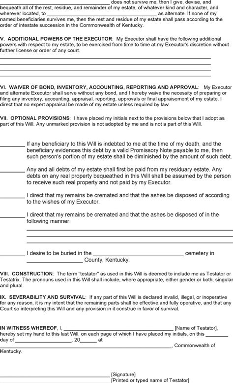 Free Kentucky Last Will And Testament Form Docx 97kb 4 Pages