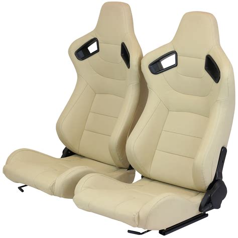 Pair Of Cream Pvc Leather Fully Reclining Bucket Car Seats Sports