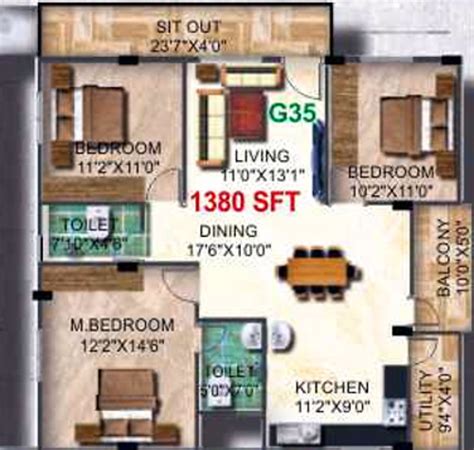 1380 Sq Ft 3 Bhk Floor Plan Image Pyramid Builders And Developers