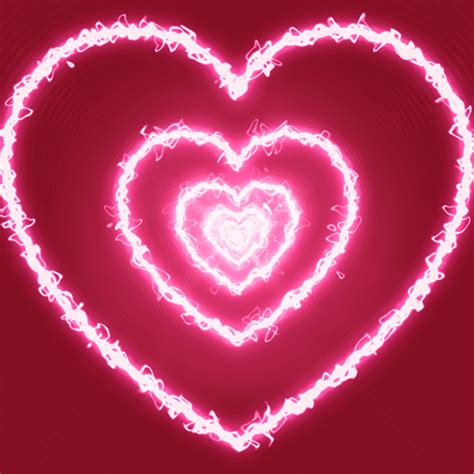 A Neon Heart Shaped Object On A Dark Red Background With White Swirls