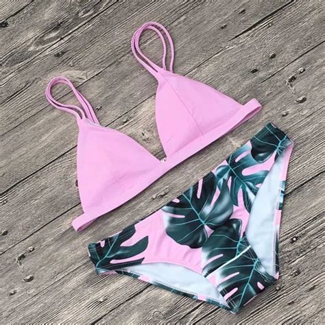 Women Low Waist Swimwear Bikini Sets Lady Lotus Leaf Flower Print Two Piece Swimsuit Womens