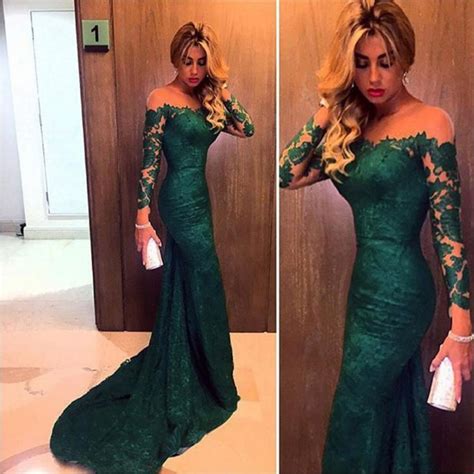 Emerald Green Lace Prom Dress Long Sleeve Mermaid Prom Dress Off The