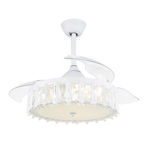Modern Led Ceiling Fan 42 Retractable Blades Crystal Chandelier White