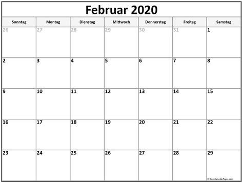 Alle jahreskalender stehen in grau. Monatskalender Februar 2020 Zum Ausdrucken