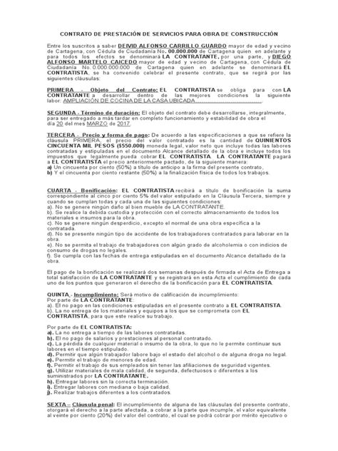 Contrato De Prestación De Servicios Para Obra De Construcción Derecho