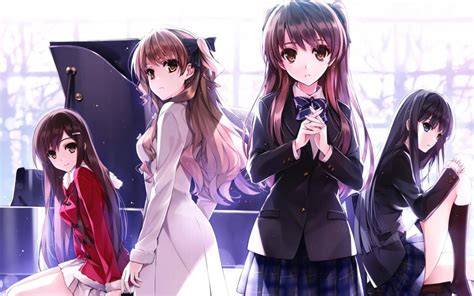 Four Beautiful Anime Girls Schoolgirls Piano Wallpaper Anime