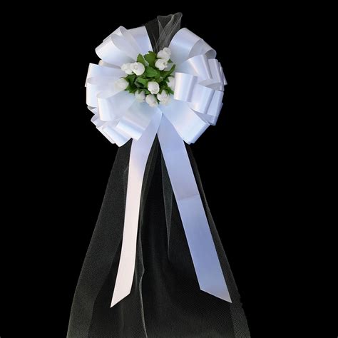 White Wedding Pull Pew Bows With Tulle Tails And Rosebuds Etsy