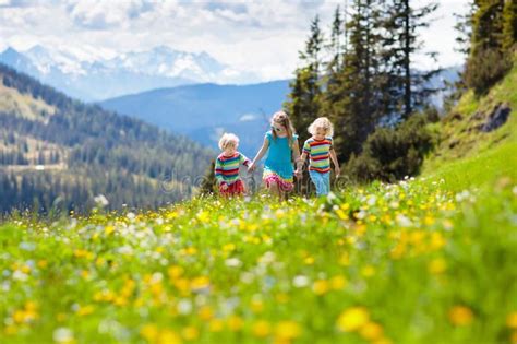 Children Hiking In Alps Mountains Kids Outdoor Stock Image Image Of