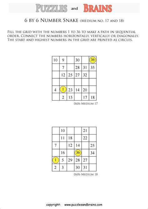 In every number snake puzzle the smallest and the highest numbers are given on the grid. printable medium 6 by 6 Hidato Number Snake puzzles for ...