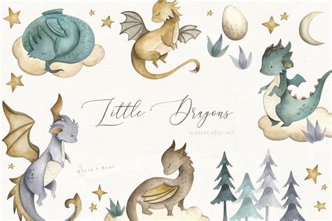 Dragons Watercolor Clipart Set Baby Nursery Illustration Etsy
