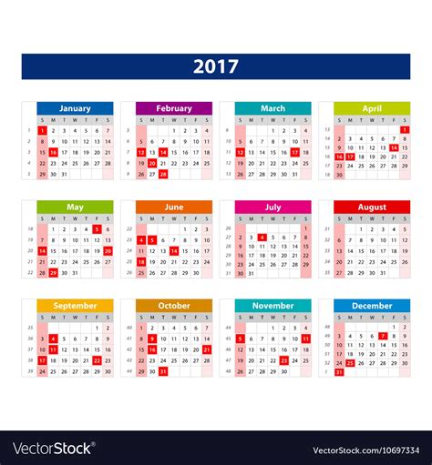 2017 Calendar Holidays Usa Template Of Color Vector Image