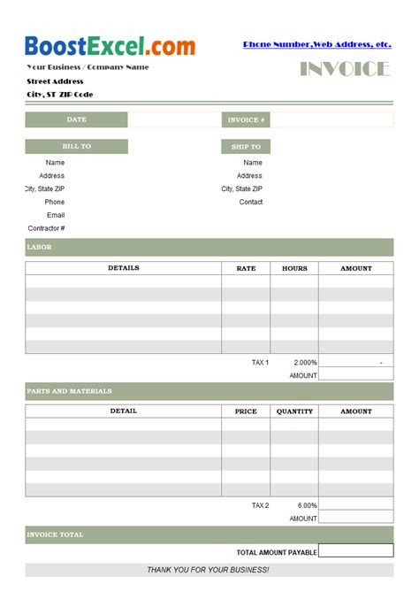 Parts And Labor Invoicing Format