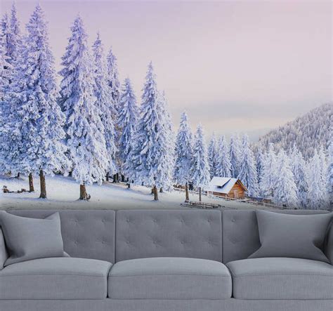 Beautiful Winter Trees And House Forest Wall Mural Tenstickers