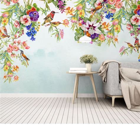 3d Colourful Hand Painted Flowers Bird Wallpaper Art Wall Mural Living