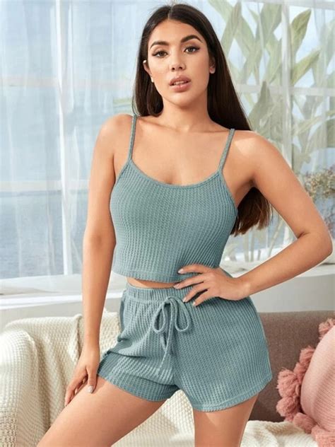 Pieces Solid Color Cami Top Matching Knotted Shorts Loungewear Set