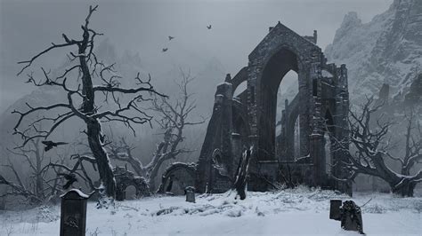 An Old Cemetery In The Middle Of A Snowy Forest With Crows Flying Over