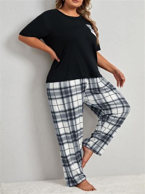 Plus Plaid Patched Pocket Pj Set Shein Usa