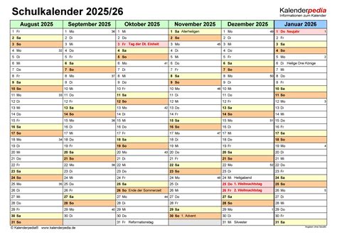 Schulkalender 20252026 Als Excel Vorlagen Zum Ausdrucken