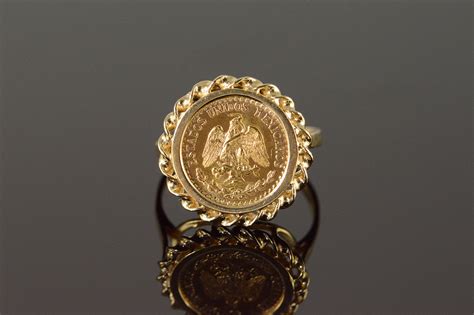 14k 43g 1945 2 Peso Mexico Mexican Coin Rope Bezel Yellow Gold Ring