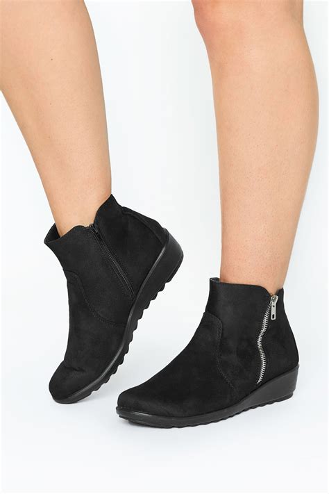 Black Vegan Suede Wedge Heel Ankle Boots In Extra Wide Fit Yours Clothing