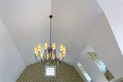 Chandelier Hang On Sloped Ceiling Stock Photo Image Of Wallpaper