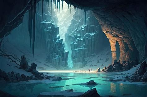Premium Photo A Frozen Cavern With A Crystalclear Lake Surrounded By