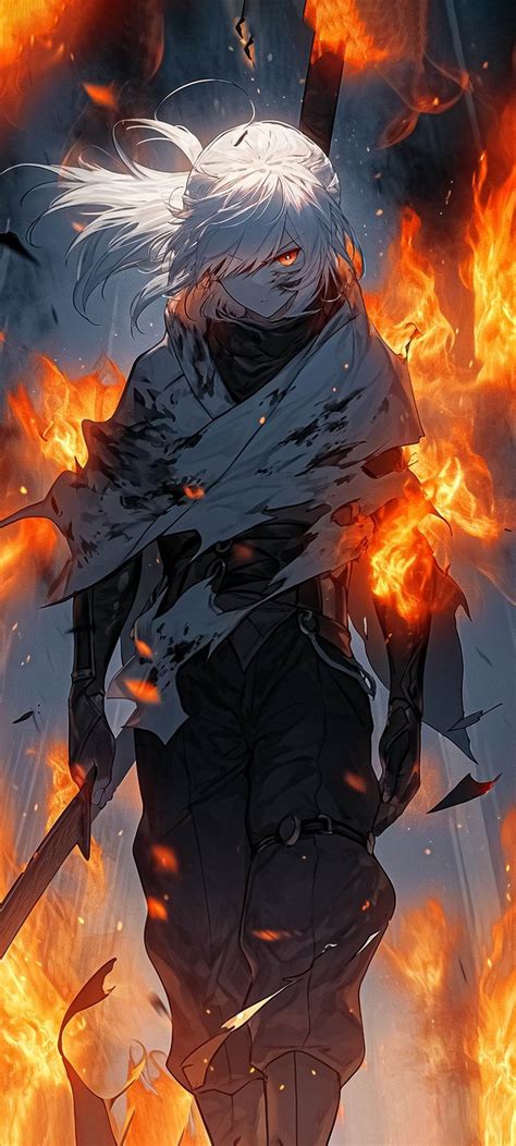 An Anime Character Standing In Front Of Fire And Holding Two Swords