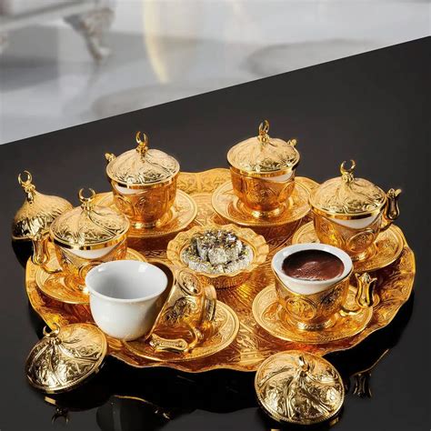 Turkish Coffee Set With Tray For Six Person Gold Color Arabic Style